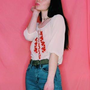 Hollister Chiffon Blouse / Shirt S White Red Embroidered Top